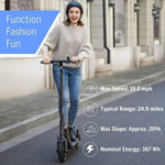 Woman riding electric scooter with max speed 18.6 mph and 24.9 miles range on urban street