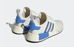 White and blue Adidas NMD sneakers with iconic 3 stripes and Boost sole, clean studio shot