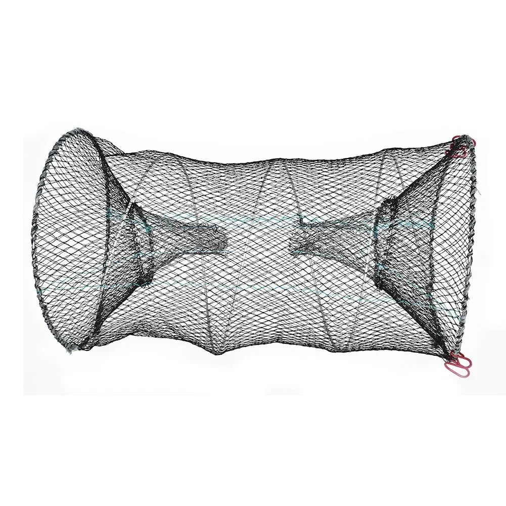 Black mesh fishing trap with dual entry funnels and red clips for secure setup