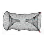 Black mesh fishing trap with dual entry funnels and red clips for secure setup