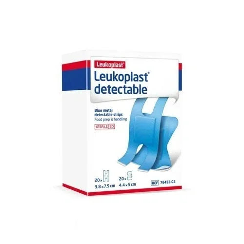 Blue metal detectable Leukoplast strips for food prep and handling, sterile packaging