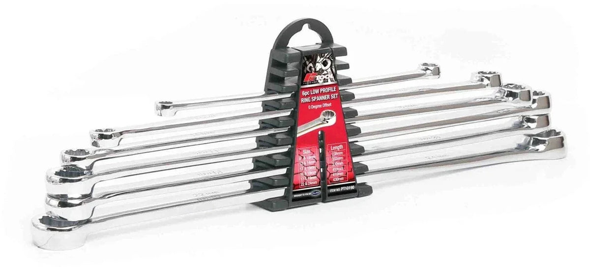 6pc low profile ring spanner set with chrome finish, ideal for mechanics and workshop use