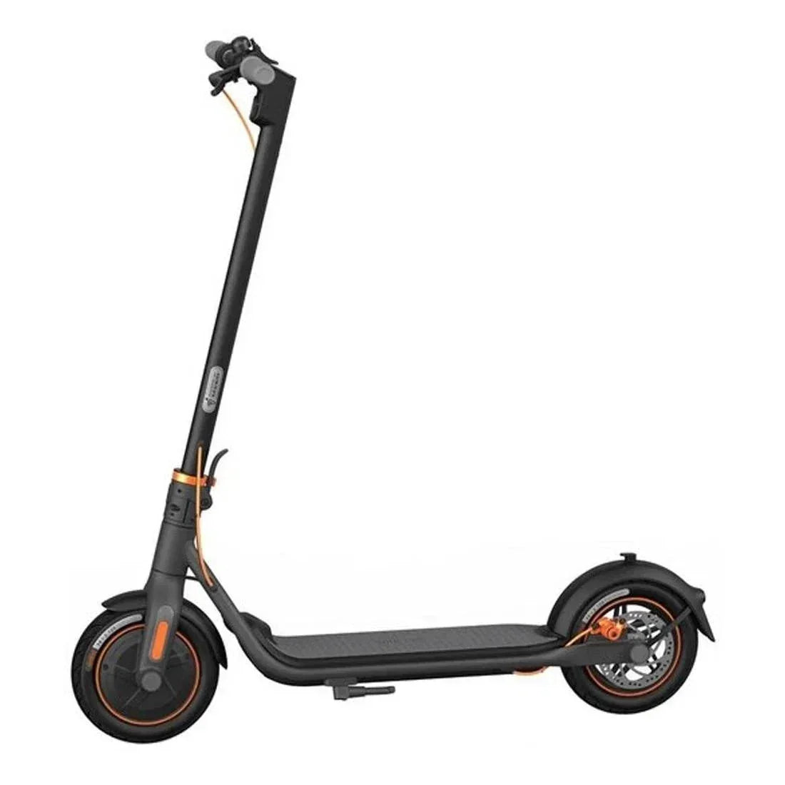 Black electric scooter with orange accents, foldable design, and disc brakes for urban commuting.