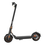 Black electric scooter with orange accents, foldable design, and disc brakes for urban commuting.
