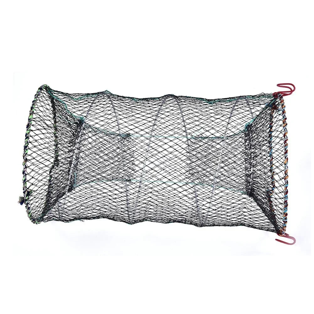 Black mesh fishing trap net with red hooks, designed for catching crabs or lobsters