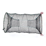 Black mesh fishing trap net with red hooks, designed for catching crabs or lobsters