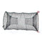 Black mesh fishing trap net with red hooks, designed for catching crabs or lobsters