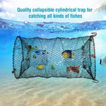 Collapsible cylindrical fish trap with colorful fish underwater, ideal for fishing