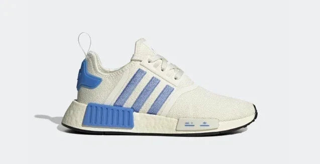 White and blue Adidas NMD sneaker with iconic three stripes and Boost sole