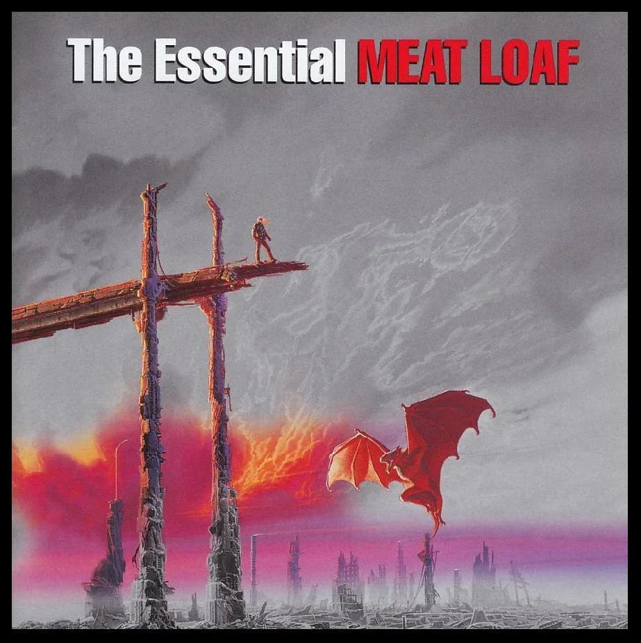 The Essential Meat Loaf album cover with fiery sky, red dragon, and figure on broken structure