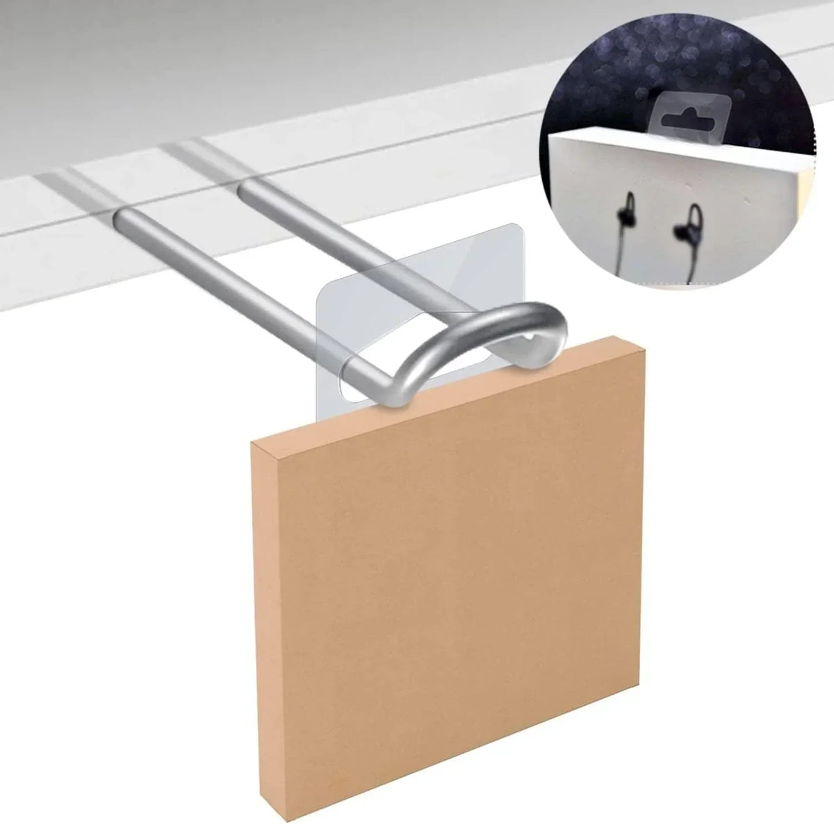 Metal slatwall hook holding cardboard display with inset showing earbuds retail packaging