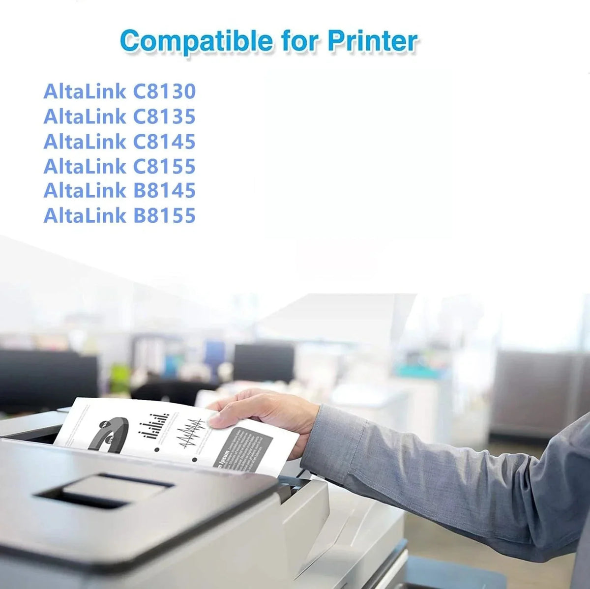 Compatible printer for AltaLink models, person inserting document into office printer