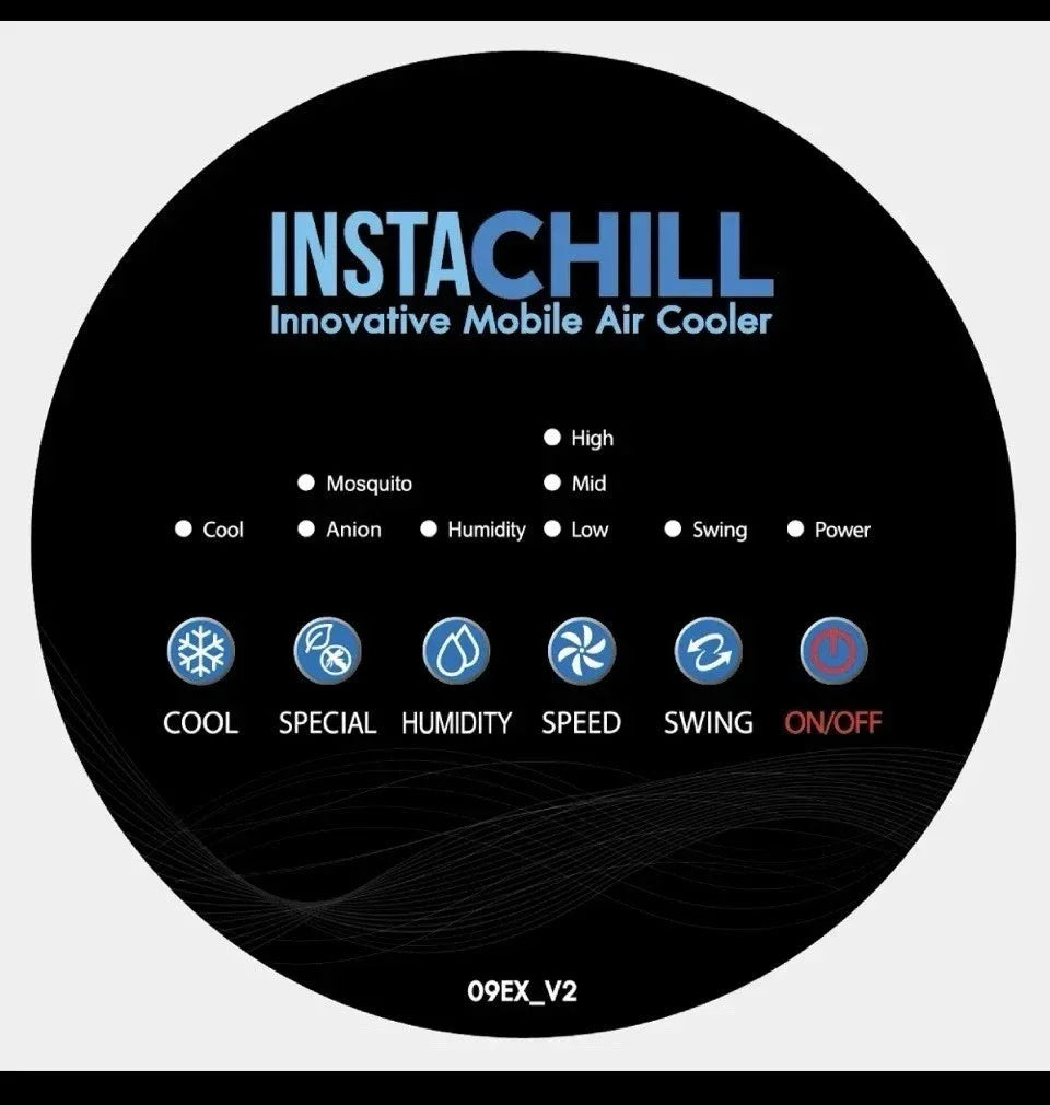 InstaChill mobile air cooler control panel with cool, humidity, speed, swing, and power settings