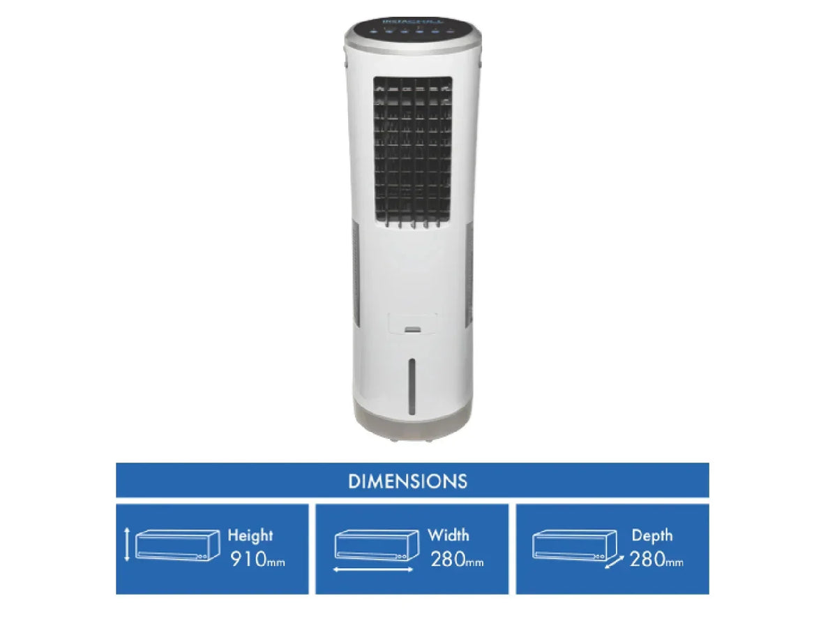 White portable air cooler with dimensions: 910mm H x 280mm W x 280mm D, ideal for home or office use