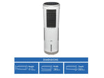 White portable air cooler with dimensions: 910mm H x 280mm W x 280mm D, ideal for home or office use
