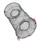 Black mesh fishing trap with colorful edges and red hooks for catching small aquatic creatures.