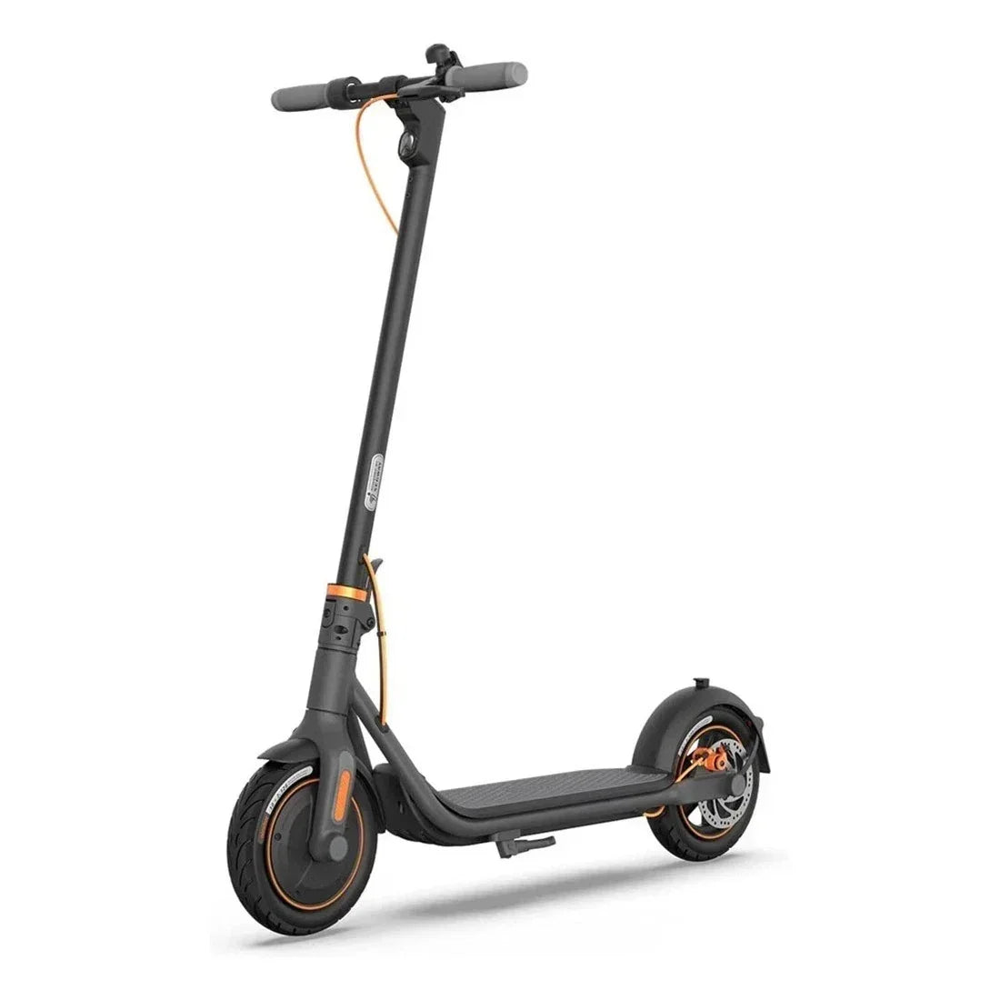 Black electric scooter with orange accents, foldable design, and dual wheels for urban commuting