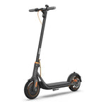 Black electric scooter with orange accents, foldable design, and dual wheels for urban commuting