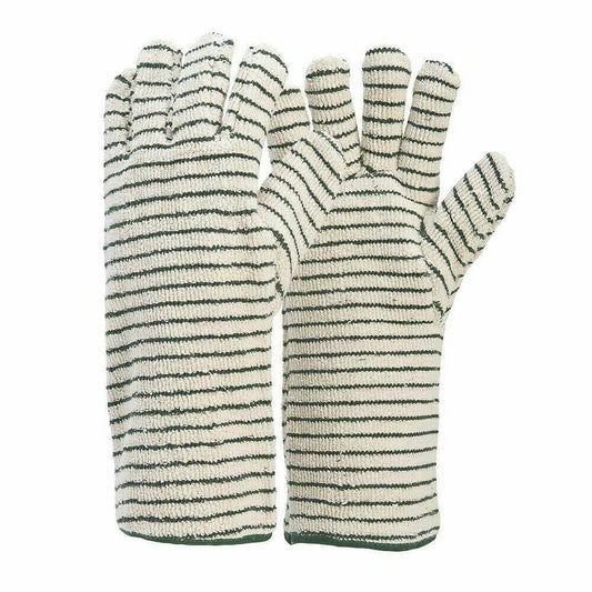 Striped terry cloth safety work gloves for industrial and oven use, white with green stripes