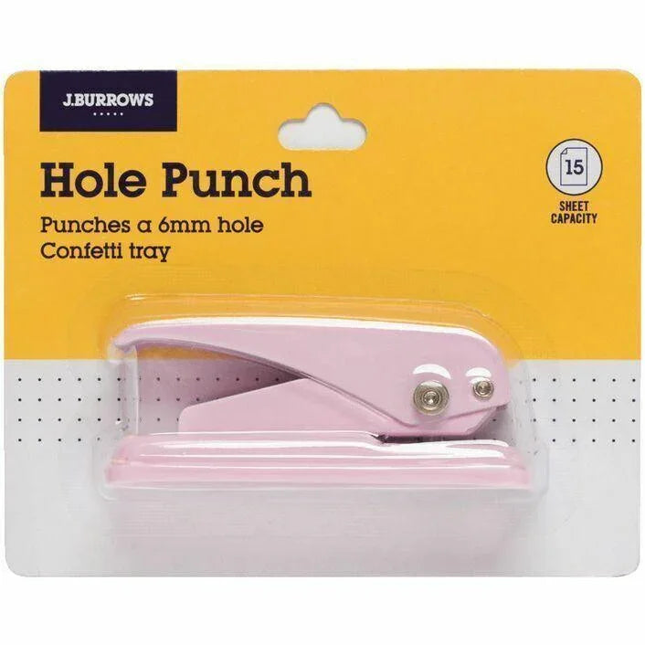 Pink single hole paper punch, 6mm, for office or school, on retail package