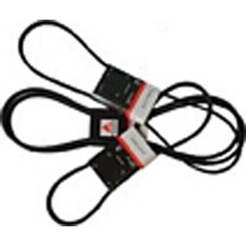 Black V-belt for tractor, labeled for Massey Ferguson and Challenger models