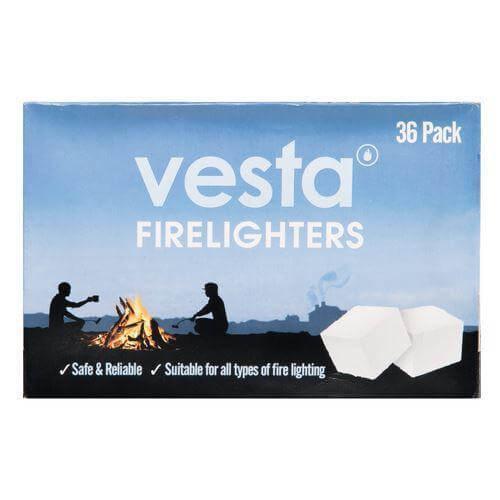 Vesta firelighters 36 pack box with campfire illustration and white firelighter cubes