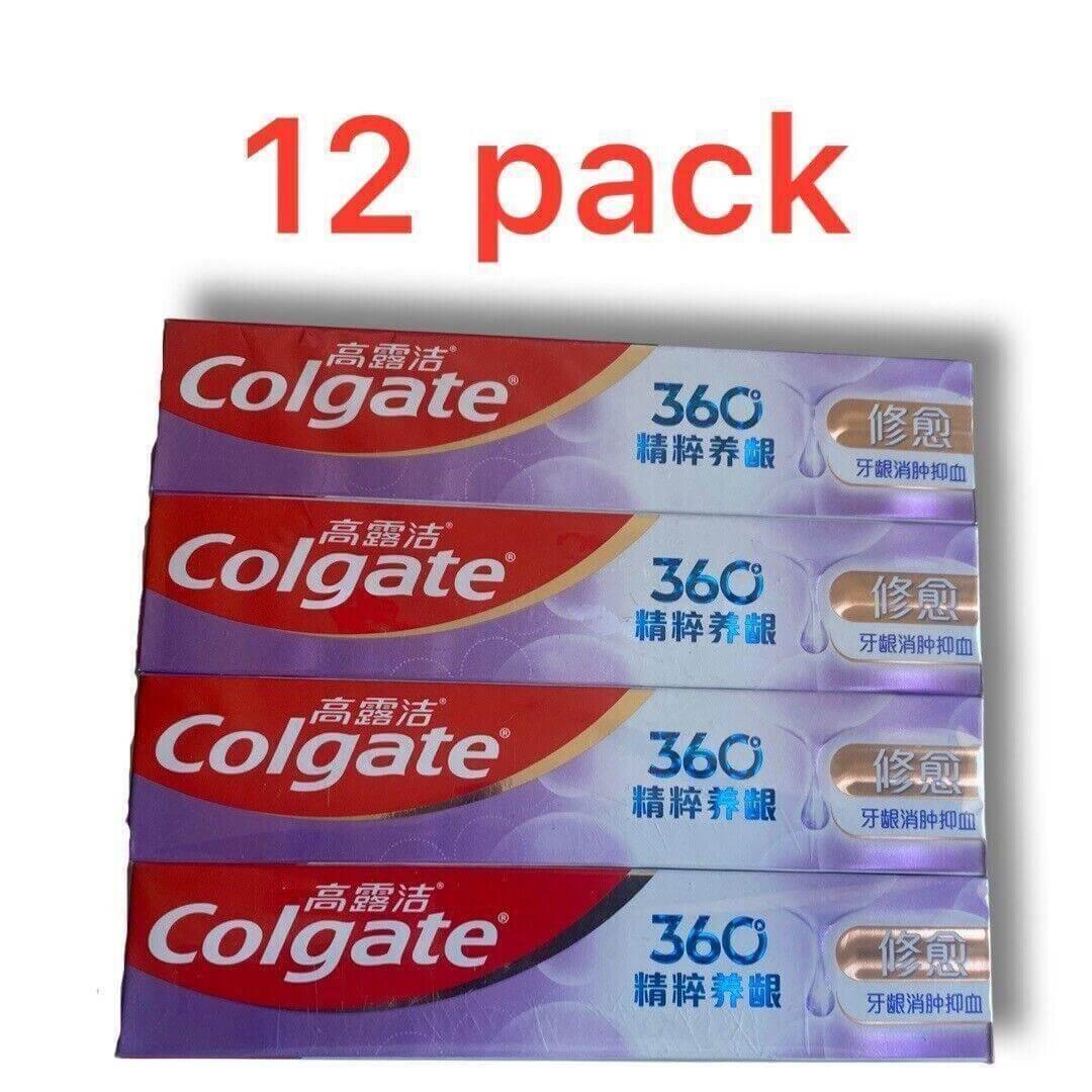 Bulk 12 pack of Colgate 360 toothpaste boxes with bilingual packaging, stacked and displayed.
