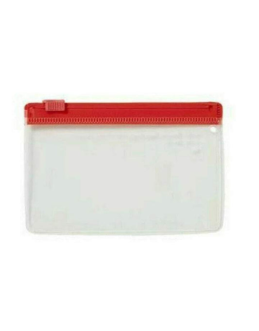 Clear mesh zip document wallet with red zipper for paper storage and organization