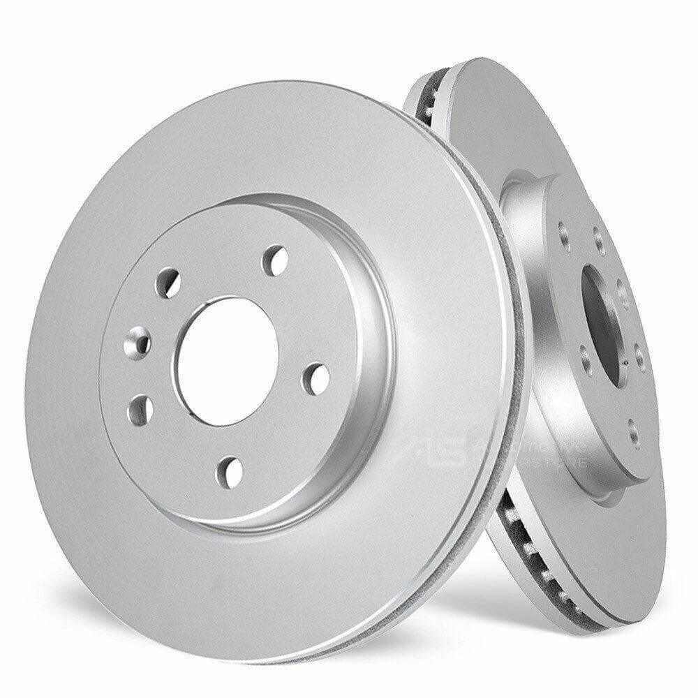 Pair of front axle brake discs for vehicles, silver with drilled mounting holes