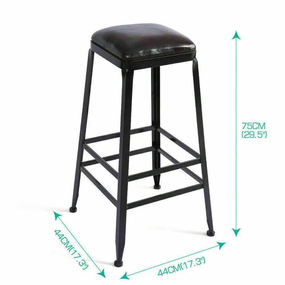 Industrial bar stool with black metal frame, padded leather seat, 75cm tall, 44cm wide