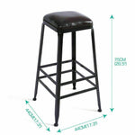 Industrial bar stool with black metal frame, padded leather seat, 75cm tall, 44cm wide