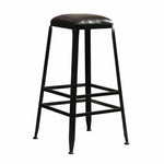 Industrial bar stool with black metal frame and padded leather seat for kitchen or dining