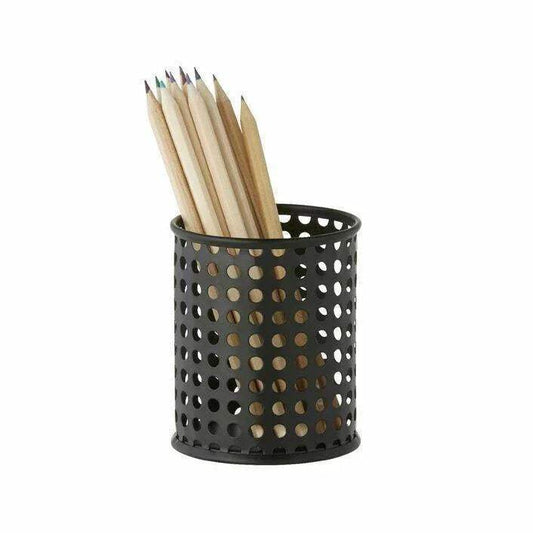 Black mesh pencil holder cup with wooden pencils, office desk organizer
