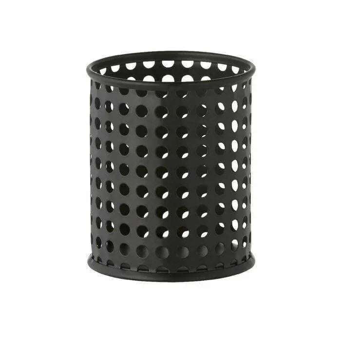Black mesh metal pen holder cup with round holes for office desk organization