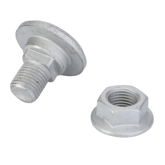 Metal bolt and nut set for disc mower knives, replacement tractor part on white background