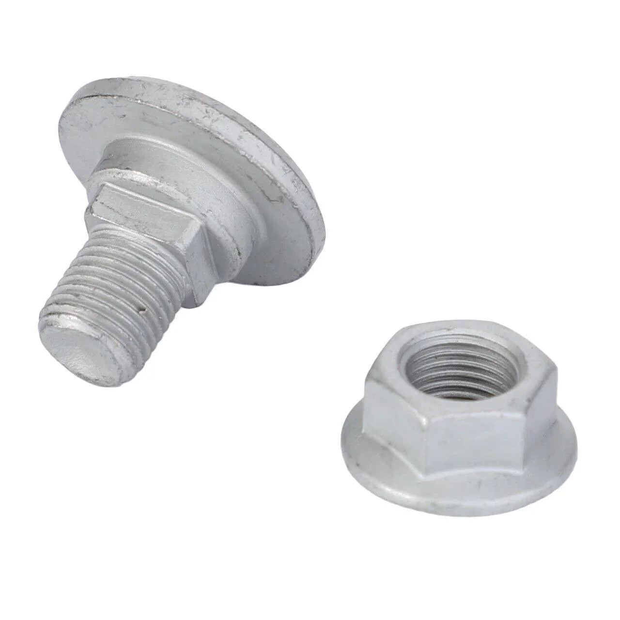 Metal bolt and nut set for disc mower knives, replacement tractor part on white background
