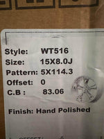 WT516 hand polished wheel spec label, size 15x8.0J, 5x114.3 pattern, offset 0, CB 83.06