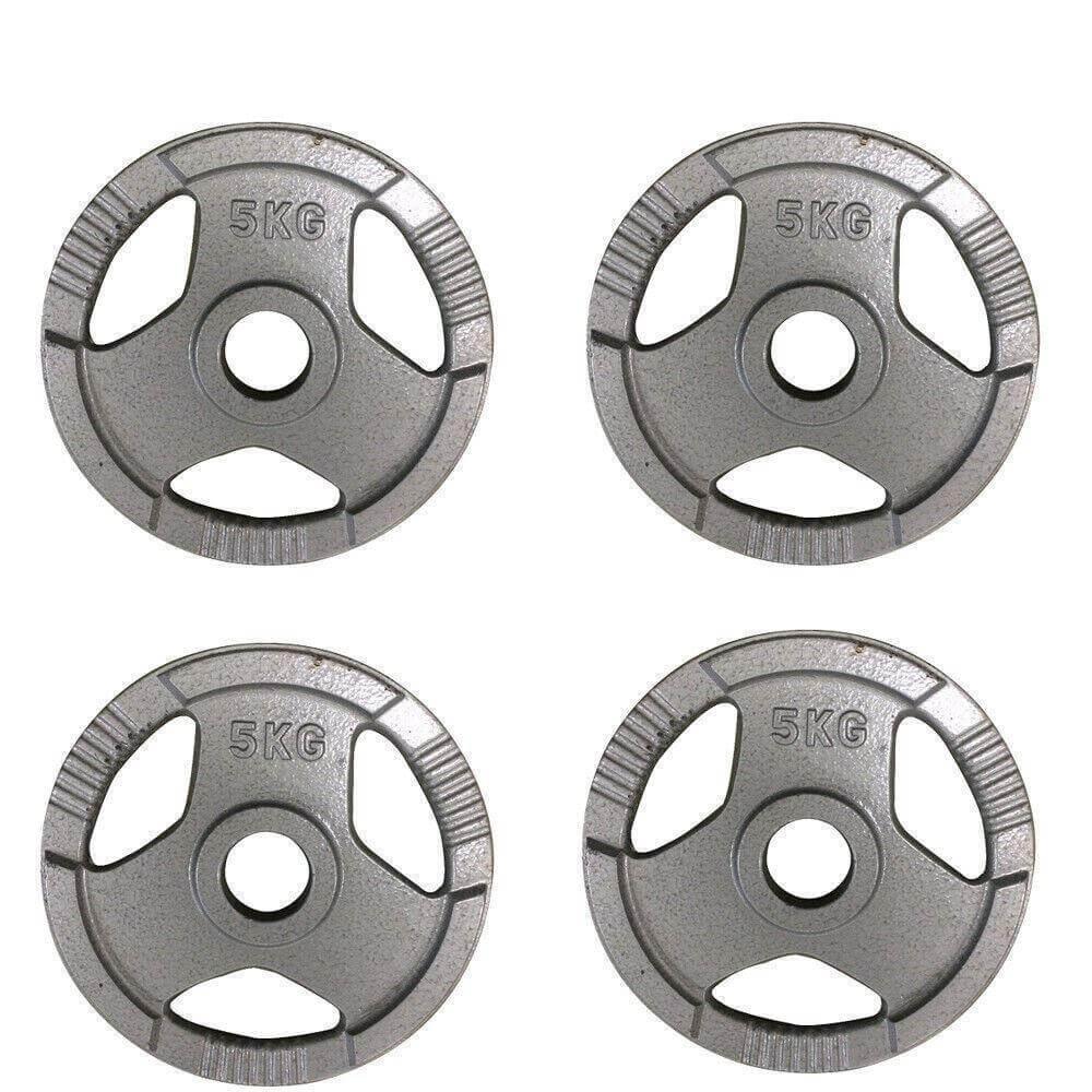 Set of four 5kg Olympic cast iron weight plates with 50mm holes for weightlifting