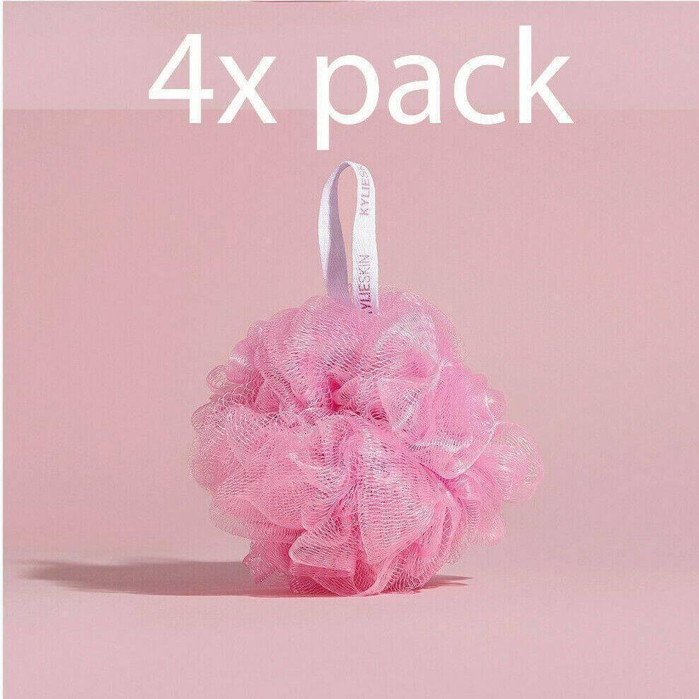Pack of four pink bath puffs for shower exfoliating and body cleansing.