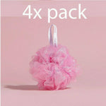 Pack of four pink bath puffs for shower exfoliating and body cleansing.