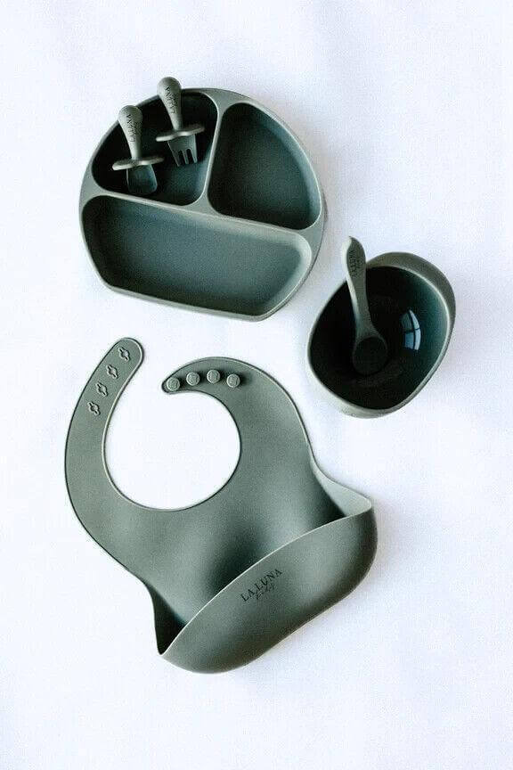 5 Pieces KIDS Bundle- Silicone Bib, Plate and Shell Bowl Feeding Set Sage - Australian Empire Shop
