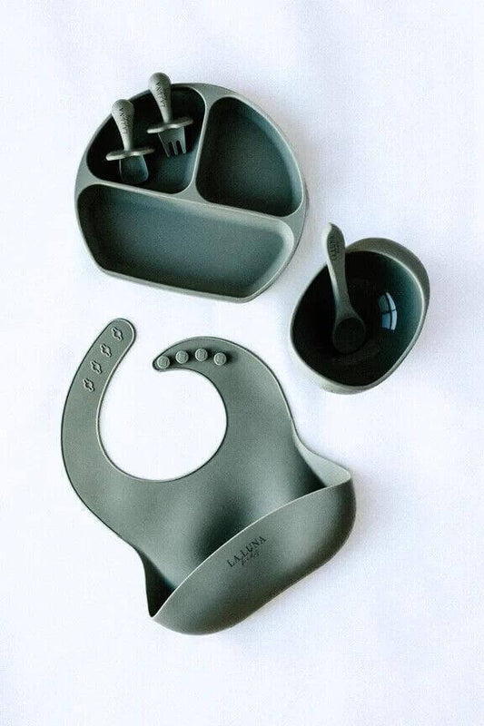 5 Pieces KIDS Bundle- Silicone Bib, Plate and Shell Bowl Feeding Set Sage - Australian Empire Shop