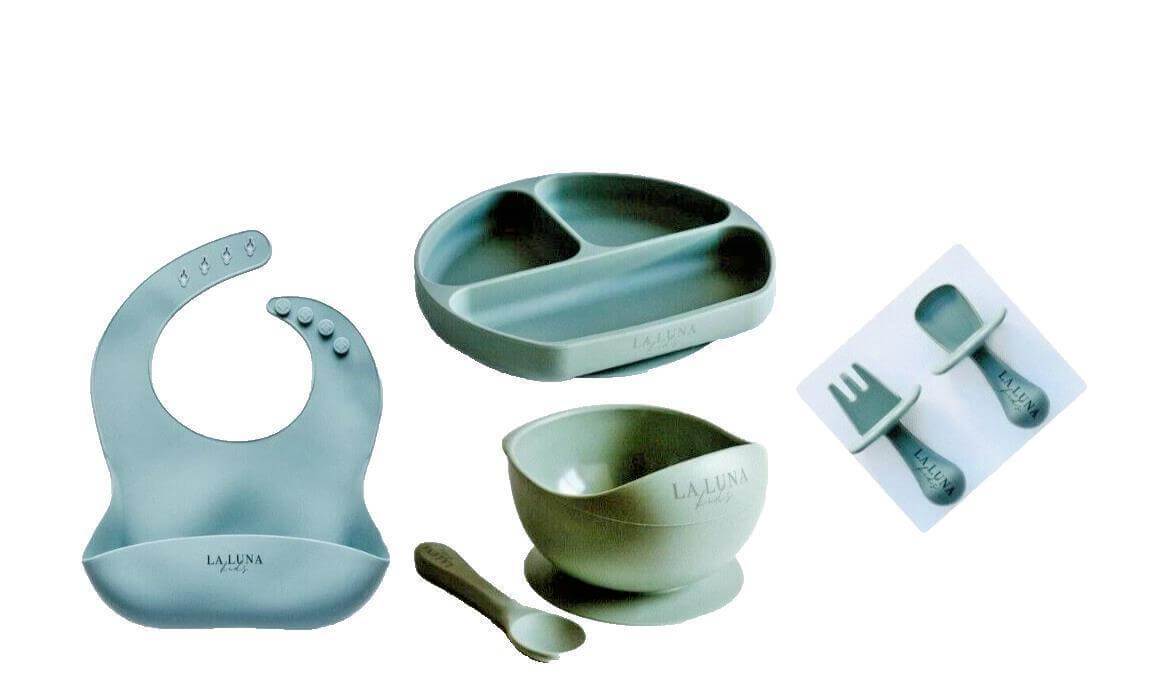 5 Pieces KIDS Bundle- Silicone Bib, Plate and Shell Bowl Feeding Set Sage - Australian Empire Shop