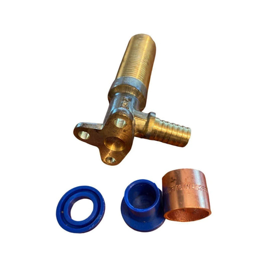 Brass crimp lugged elbow fitting with blue rings and copper sleeve for plumbing pipes
