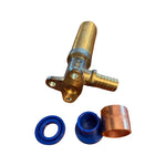 Brass crimp lugged elbow fitting with blue rings and copper sleeve for plumbing pipes