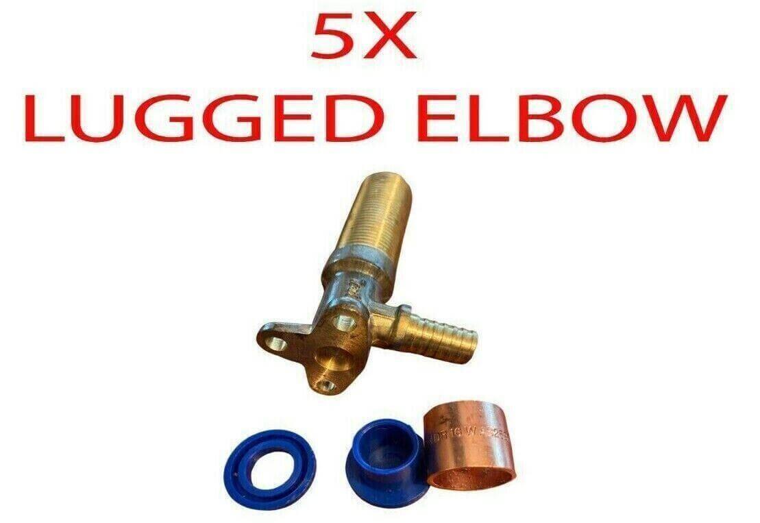 Brass lugged elbow fitting with blue washers and copper crimp ring for 16mm plumbing