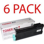 6 pack compatible black toner cartridges for OKI B420DN printers in front of packaging box