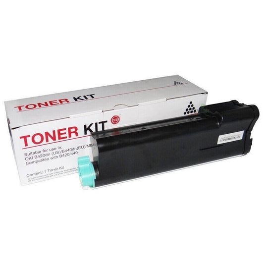 Black toner cartridge kit compatible with OKI B420dn, B440dn printers, box in background