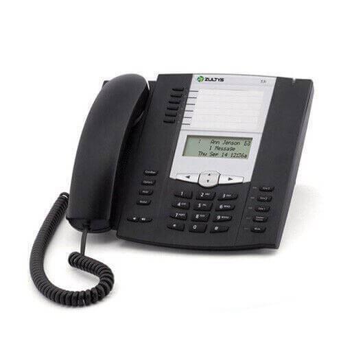 Black Zultys ZIP 53i office IP phone with display and corded handset on white background