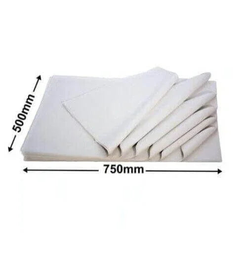 Stack of white acid-free tissue paper sheets, 50x75cm, folded with size dimensions shown